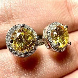 Citrine Earrings Sterling Silver 925 White Topaz Created Stud Earrings For Women